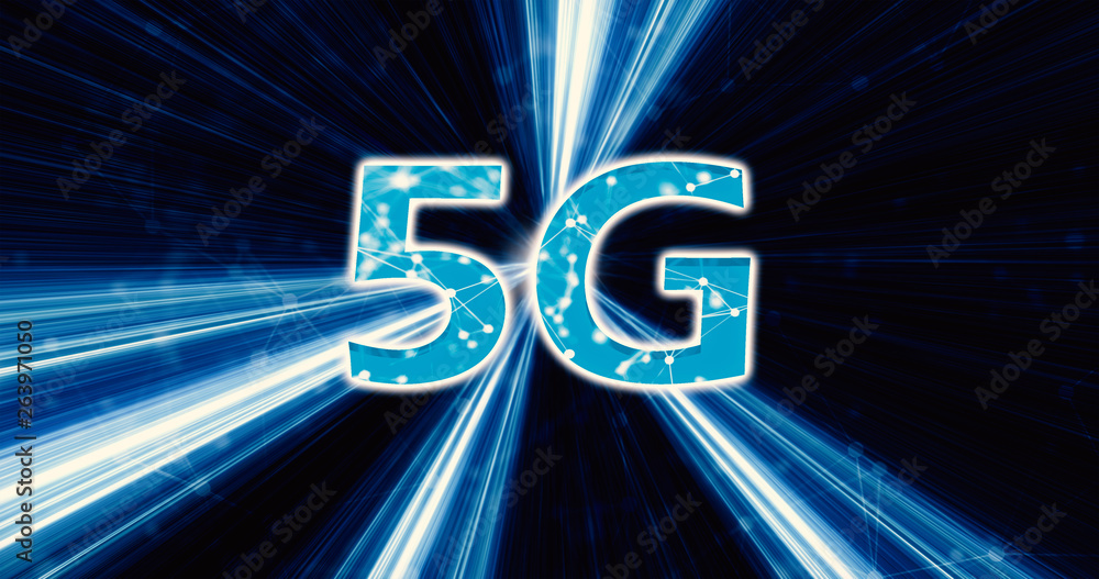 Poster creative glowing 5g backdrop. mobile internet concept. 3d rendering. 5g loop