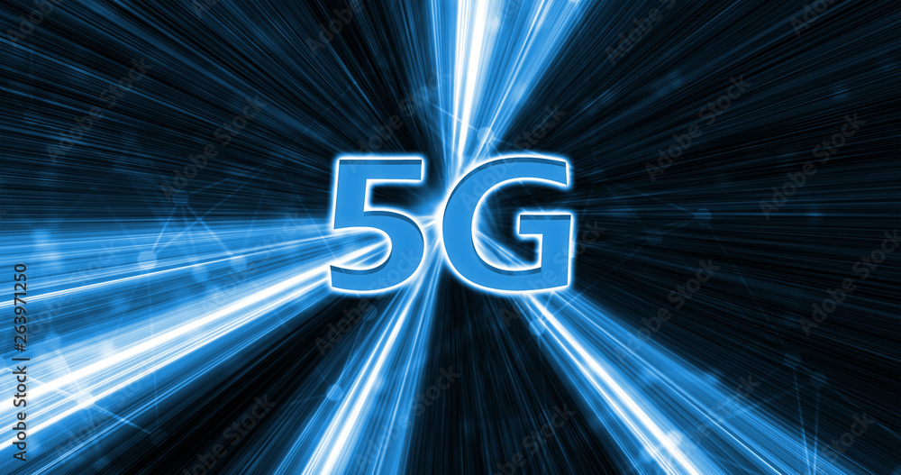 Aufkleber creative glowing 5g backdrop. mobile internet concept. 3d rendering. 5g loop