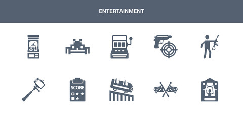10 entertainment vector icons such as puppet show, racing, roller coaster, score, selfie stick contains shooter, shooting game, slot machine, space invaders, speedometer. entertainment icons