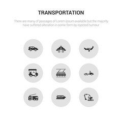 9 round vector icons such as excavators, ferry boat, fire truck, flatbed lorry, funicular railway contains golf cart, gondola, hang glider, hatchback. excavators, ferry boat, icon3_, gray