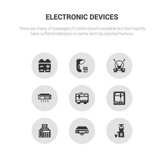 9 round vector icons such as cold-pressed juicer, dvd player, fax machine, laser machine, 3d printer contains air conditioner, antenna, barcode scanner, battery. cold-pressed juicer, dvd player,