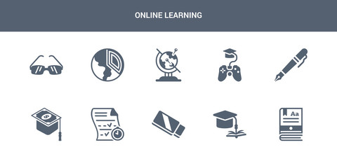 10 online learning vector icons such as ebook, education, eraser, exam, scholarship contains fountain pen, game-based learning, geography, geology, glasses. online learning icons