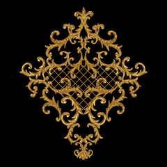 Baroque style gold element. Watercolor hand drawn vintage engraving floral scroll filigree rhombus design.