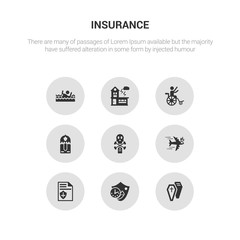 9 round vector icons such as coffin, long term protection, contract coverage, crash, death contains delivery insurance, disabled, disaster, drown. coffin, long term protection, icon3_, gray