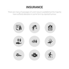 9 round vector icons such as elderly, engine problems, excessive weight for the vehicle, falling, familiar insurance contains family care, family house, finances, fire insurance. elderly, engine