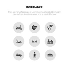 9 round vector icons such as flood risk, fracture, frontal crash, funeral, glasses insurance contains hail on the car, health insurance, heart insurance, hospitalization. flood risk, fracture,