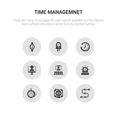 9 round vector icons such as timeline, timer, timing, urgent, video conference contains videocall, waiting, wall clock, watch. timeline, timer, icon3_, gray time managemnet icons