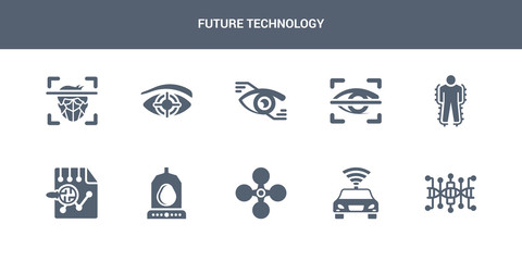 10 future technology vector icons such as dna structure, driverless autonomous car, drone, egg incubator, evaluation contains exoskeleton, eye scan, eye tap, eye tracking, face recognition. future