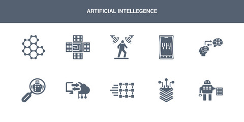 10 artificial intellegence vector icons such as laws of robotics, layers, match moving, memory transfer, microbots contains mind transfer, mobile flexible display, motion sensor, nano sensor,