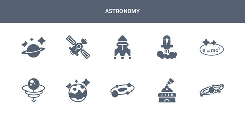 10 astronomy vector icons such as orbit, planetarium, planets, pluto, quasar contains relativity, rocket launch, rocket ship, satellite, saturn. astronomy icons © CoolVectorStock
