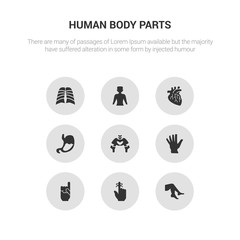9 round vector icons such as foot side view, hand finger with a ribbon, hand gesture raising the index finger, hand showing palm, hip bone contains human abdomen, human artery, human body standing
