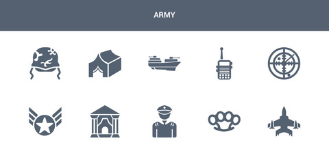 10 army vector icons such as jet, knuckle, lieutenant, militar antique building, militar in contains militar radar, radio, ship, tent, military helmet. army icons