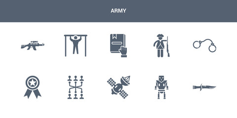 10 army vector icons such as military knife, military robot machine, military satellites, strategy, militaty medal contains pair of handcuffs, patriot, pledge, pull up, rifle. army icons