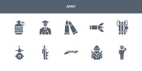 10 army vector icons such as salute, secret agent, shotgun, soldiers and a weapon, submarine front view contains time bomb with clock, torpedo, two bullets, veteran, whizbang with rong. army icons