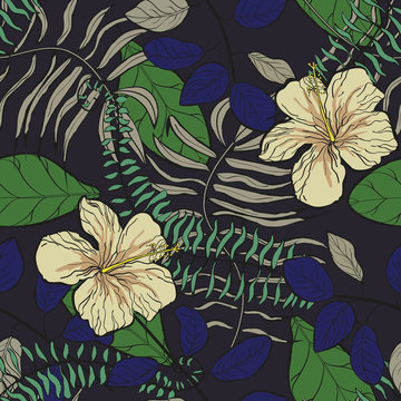 Tropical pattern with hibiscus flowers and leaves. Exotic seamless pattern with tropical leaves. Ethnic Background with Hawaiian flowers and plants.