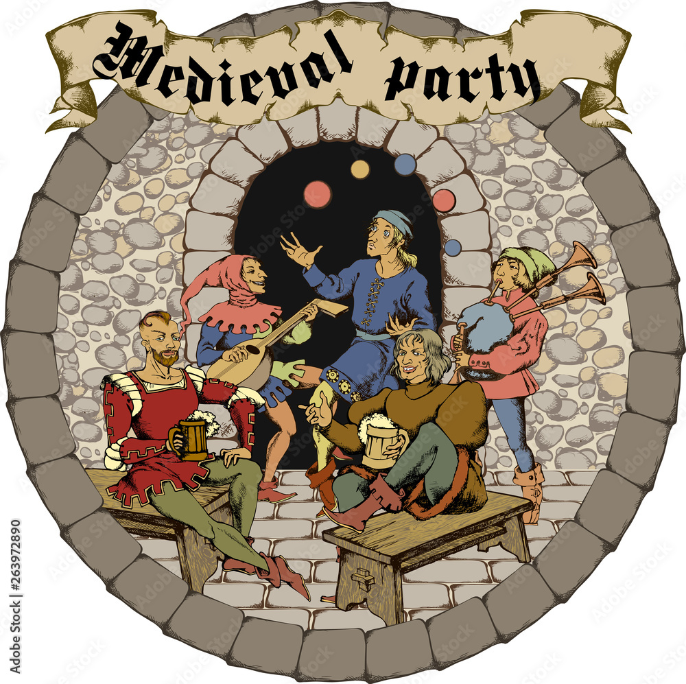 Wall mural Medieval party. Engraved style. Vector illustration