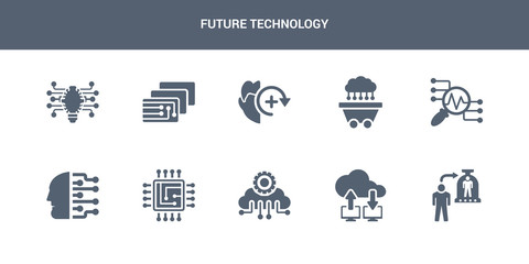 10 future technology vector icons such as cloning, cloud computing, cloud intelligence, cpu, cyborg contains data analysis, data mining, deformity, depth perception, difference engine. future