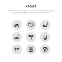 9 round vector icons such as eight ball, ferris wheel, foosball, gambling, game console contains game controller, game machine, over, gamepad. eight ball, ferris wheel, icon3_, gray arcade icons