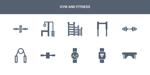 10 gym and fitness vector icons such as fitness step, fitness tracker, watch, wheel, grip contains gym, gym bars, ladder, station, gymnastic roller. and icons