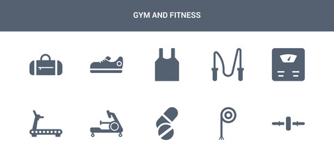 10 gym and fitness vector icons such as roller, rope, press simulator, rowing machine, running machine contains scale, skipping rope, sleeveless, sneakers, sport bag. gym and fitness icons