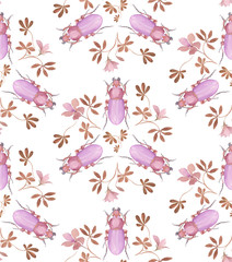 Seamless pattern of beetles and flowers