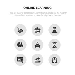 9 round vector icons such as sociology, stapler, streaming, student, study contains study tools, studying, teacher desk, test. sociology, stapler, icon3_, gray online learning icons