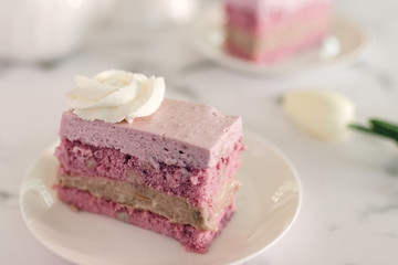 Homemade taro cake on white background.
