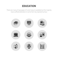 9 round vector icons such as abacus, abc, ask, asynchronous learning, audiobook contains blackboard, blended learning, board, book. abacus, abc, icon3_, gray education icons