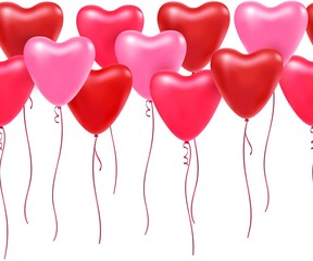Fototapeta na wymiar Vector horizontal endless border with red and pink balloon hearts. Festive decor template for Birthday, Valentines Day, party, wedding. Romantic seamless pattern with hearts.