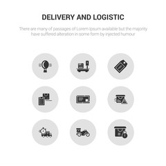 9 round vector icons such as delivery safety, delivery by motorcycle, delivery time, warning, air mail contains list, tag, weighing, hot air balloon. safety, by motorcycle, icon3_, gray and logistic