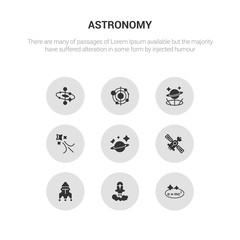 9 round vector icons such as relativity, rocket launch, rocket ship, satellite, saturn contains shooting star, simulator, solar system, space. relativity, rocket launch, icon3_, gray astronomy icons