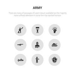 9 round vector icons such as shield, soldier, submarine, tank, terrorist contains kalashnikov, revolution, revolt, rebellion. shield, soldier, icon3_, gray army icons