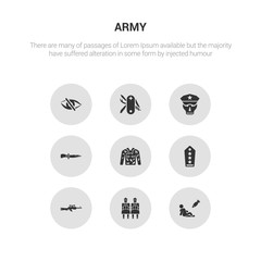 9 round vector icons such as civilian, terracotta, sniper rifle, shoulder strap, camouflage military clothing contains combat knife, skull army, swiss army knife, stealth. civilian, terracotta,