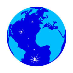 Blue Earth globe with reflections isolated on white background. Flat planet Earth icon with America, Africa and Europe continents side. Vector illustration.