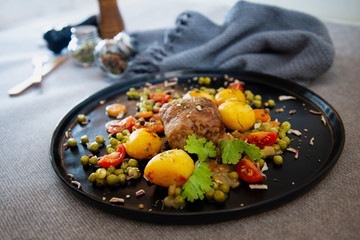 Beef meat stewed with potatoes-Traditional French cuisine Beef Bourguignon potatoes carrots in persillade