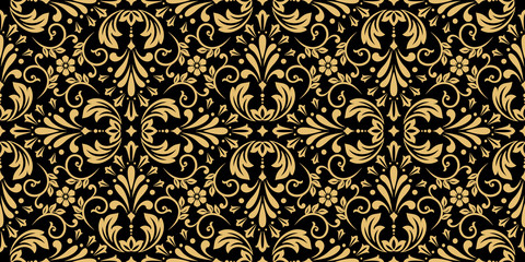Wallpaper in the style of Baroque. Seamless vector background. Gold and black floral ornament. Graphic pattern for fabric, wallpaper, packaging. Ornate Damask flower ornament