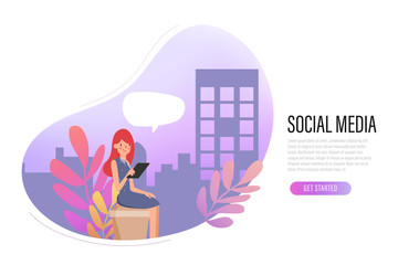 Social Network Landing Page Template.Young People Characters Chatting Using Smartphone for Website or Web Page. Virtual Communication Concept.
