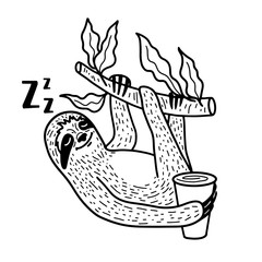 Sleeping sloth nahging on a tree branch with a cup of coffee. Hand drawn, doodle style vector illustration. - 263978626