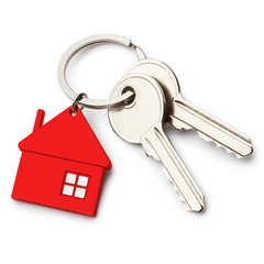 House keys with red house shaped keychain, isolated on white background