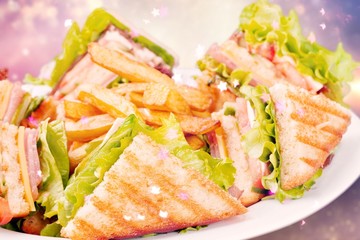 Grilled sandwiches with french fries on white plate