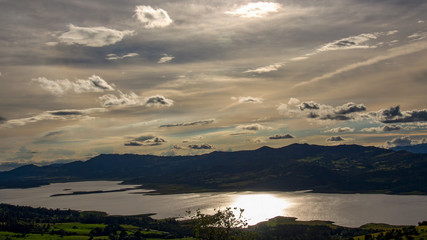 Landscape view of a section of the Tomine reservoir, in the Andean mountains of central Colombia, at the begining of sunset.