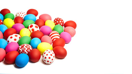 Colorful Easter eggs on white background. Christian holiday tradition