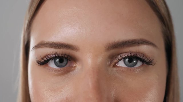 Female eye with long russian volume eyelashes close up blue eyes macro open nude clear skin