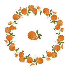 Vector wreath of oranges. Hand drawn cartoon style illustration. Cute frame with citrus fruit, leaves, flowers, twigs. Fresh food illustration for natural organic food or card design