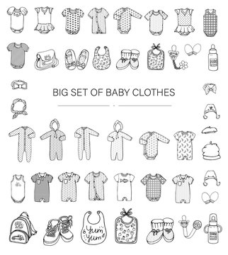 Vector black and white illustration of baby clothes. Baby boy and girl clothes set. Children fashion set. Stylish clothes and accessories for kids isolated on white background.