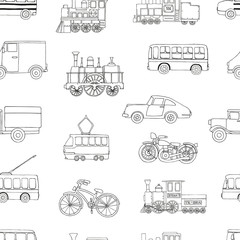 Vector black and white seamless pattern of retro engines and transport. Vector repeat background of vintage trains bus, tram, trolleybus, car, bicycle, bike, van, truck isolated on white background.