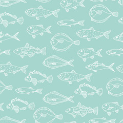 Vector seamless pattern of white fish outlines isolated on blue background. Repeating background with halibut, rock-fish, mackerel, herring. Underwater vintage illustration