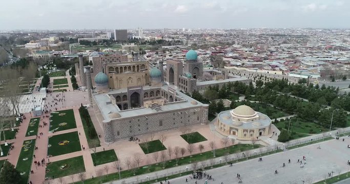 Aerial cityscape The Registan Square is the best place to discover the old Uzbek architecture and to enjoy the great mosaic decorations, Samarkand, Uzbekistan.