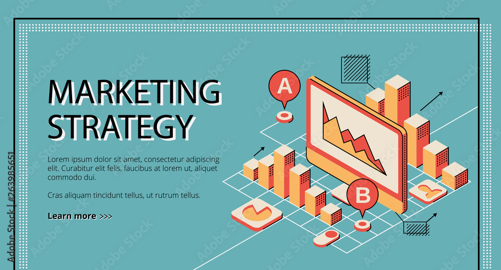 Poster marketing strategy landing page on retro colored background. tablet screen with database diagram gra
