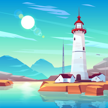 Lighthouse standing on rocky seashore surrounded with houses and tv tower under sun shining in cloudy sky. Marine landscape with white beackon on seaside. Tranquil nautical cartoon vector illustration